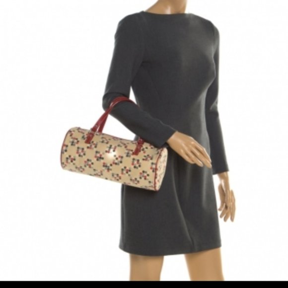 Burberry red leather trim dots barrel Boston bag - Picture 2 of 9